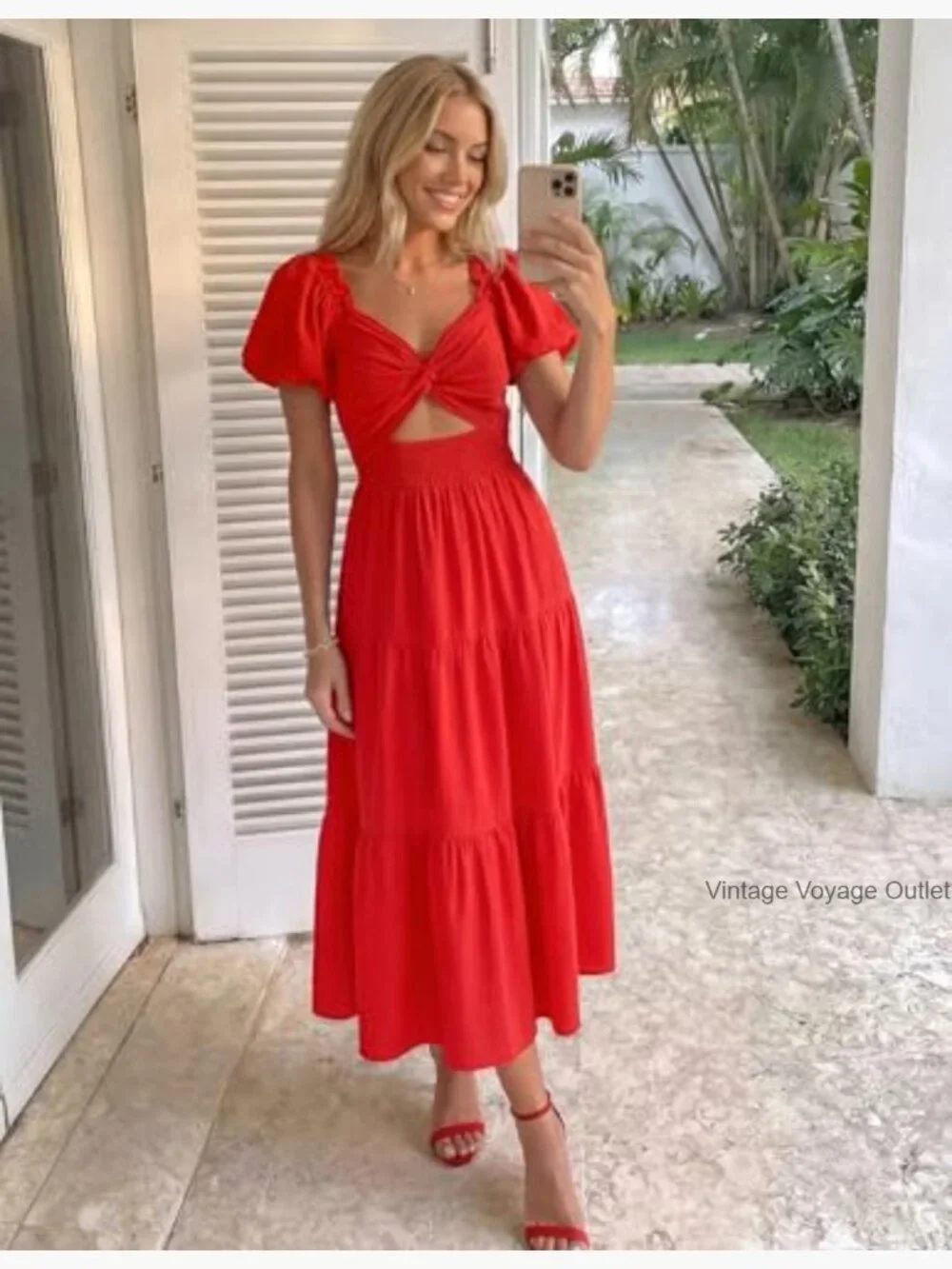 Flowy High Waist A-Line Maxi Dress with Short Puff Sleeves - Picture 3 of 7